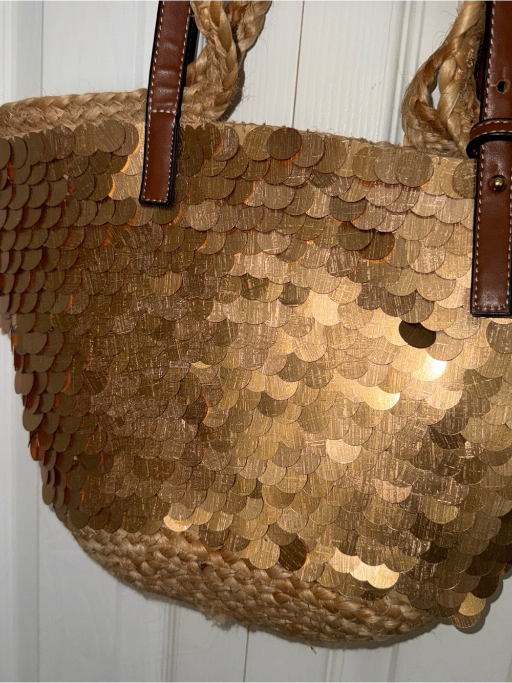 Zara Gold Sequin Straw Tote with Brown Handles - Picture 2 of 11